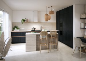 Cocina moderna con muebles negros, isla central de acabado piedra