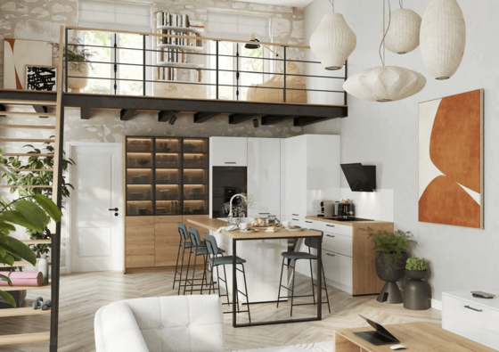 Cocina office con isla multifuncional, abierta al salón y con mucha luminosidad