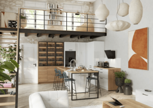 Cocina office con isla multifuncional, abierta al salón y con mucha luminosidad