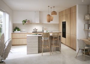  Cocina moderna con encimera de madera, isla de madera
