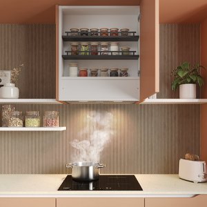 cocina con estanterías abiertas, especias organizadas en frascos, una olla humeante sobre una placa de inducción