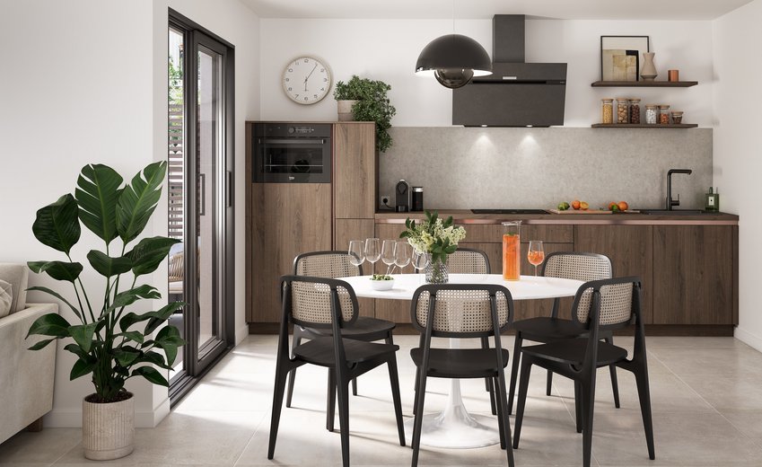  Cocina moderna con muebles de madera oscura, encimera gris