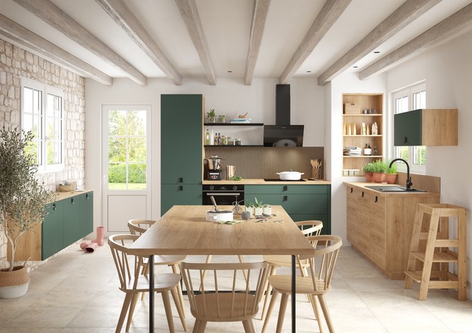 Cocina rústica con muebles verdes y de madera, una mesa de cocina de madera con sillas