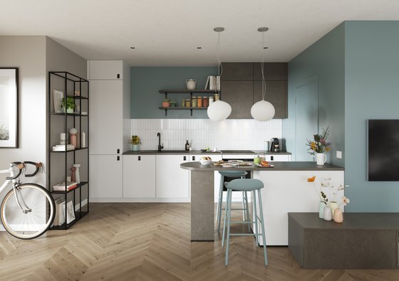 Cocina moderna con paredes azules, muebles blancos, una mesa de cocina integrada con taburetes azules
