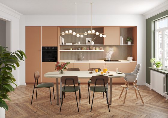 Cocina moderna con muebles color terracota, encimera blanca