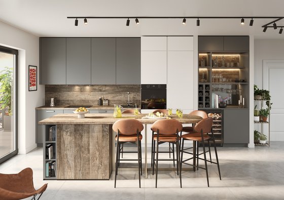 Cocina moderna industrial, isla central con encimera de madera