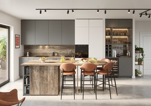 Cocina moderna industrial, isla central con encimera de madera