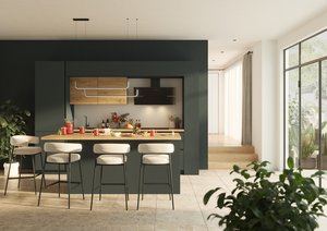 Cocina moderna minimalista, gabinetes oscuros, encimera de madera, iluminación colgante