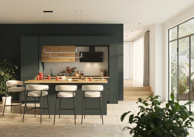 Cocina moderna minimalista, gabinetes oscuros, encimera de madera, iluminación colgante