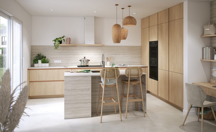 Cocina moderna y luminosa con muebles de madera clara